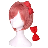 doki doki literature club wig with bowknot for sayori short coral cosplay wig for girls and women