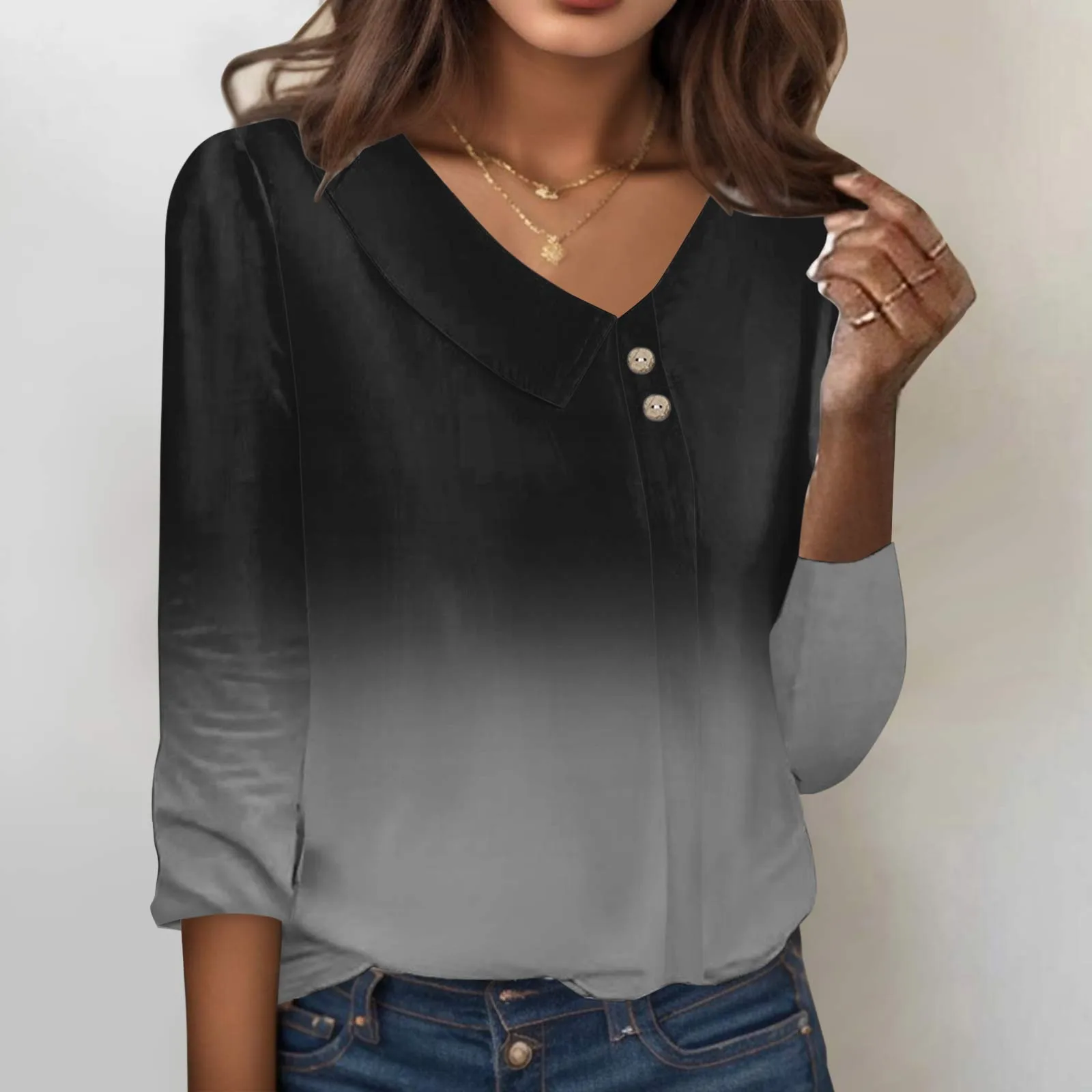 

Women V-Neck Button Gradient T-Shirts Comfy Imitation Cotton Shirts Casual Three Quarter Sleeves Loose Tops Elegant Basic Shirts