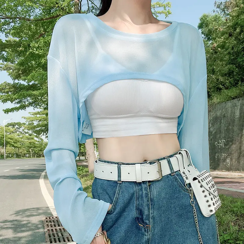 

Cropped Top Women's Long Sleeve Jacket Summer Thin Hollow Out Sun Protection Clothing Y2k Sexy Navel Cheap Wholesale Fashion New