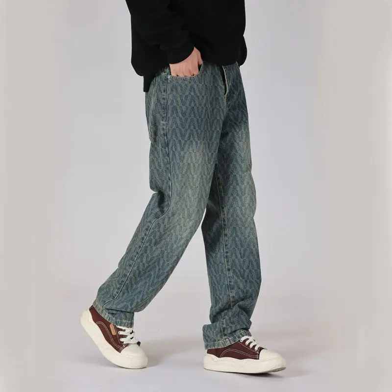 Новое поступление мужские свободные прямые синие потертые джинсы с принтом на