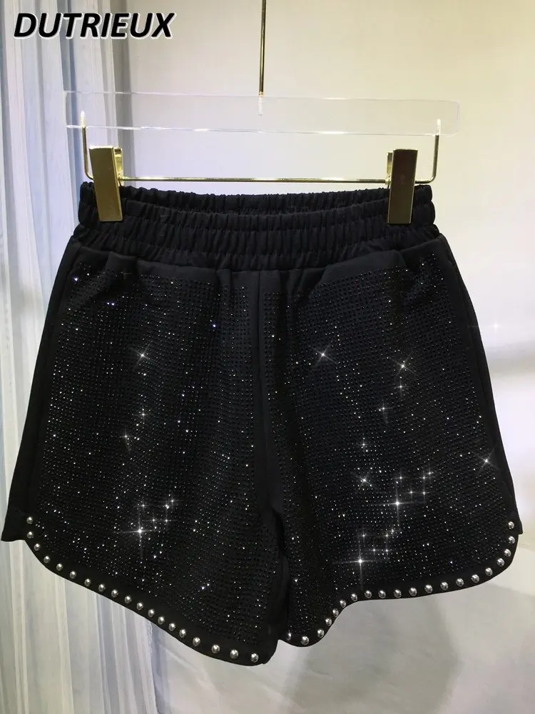 

Heavy Embroidery Hot Drilling Women's Shorts Spring and Summer New Black Hot Pants Wide Leg Pants Elastic Waist Casual Shorts