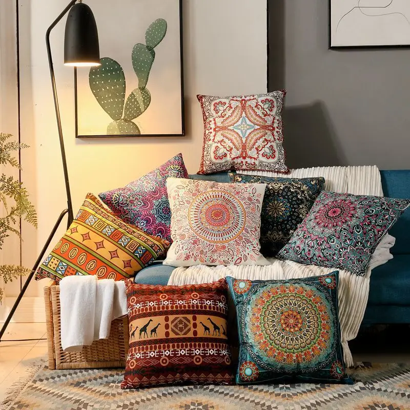 

Ethnic Style Retro Throw Pillow Set Square Cushion Bedroom Living Room Sofa Back Light Luxury Waist Pillow