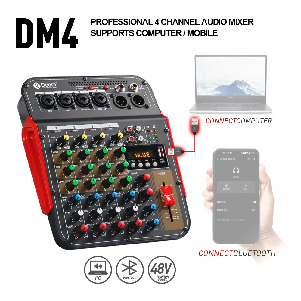 DM4 6 Channel Audio Mixer DJ Consoler with 48V Phantom, Bluetooth , USB To PC Record Playback, For Live Karaoke,Outdoor Party.