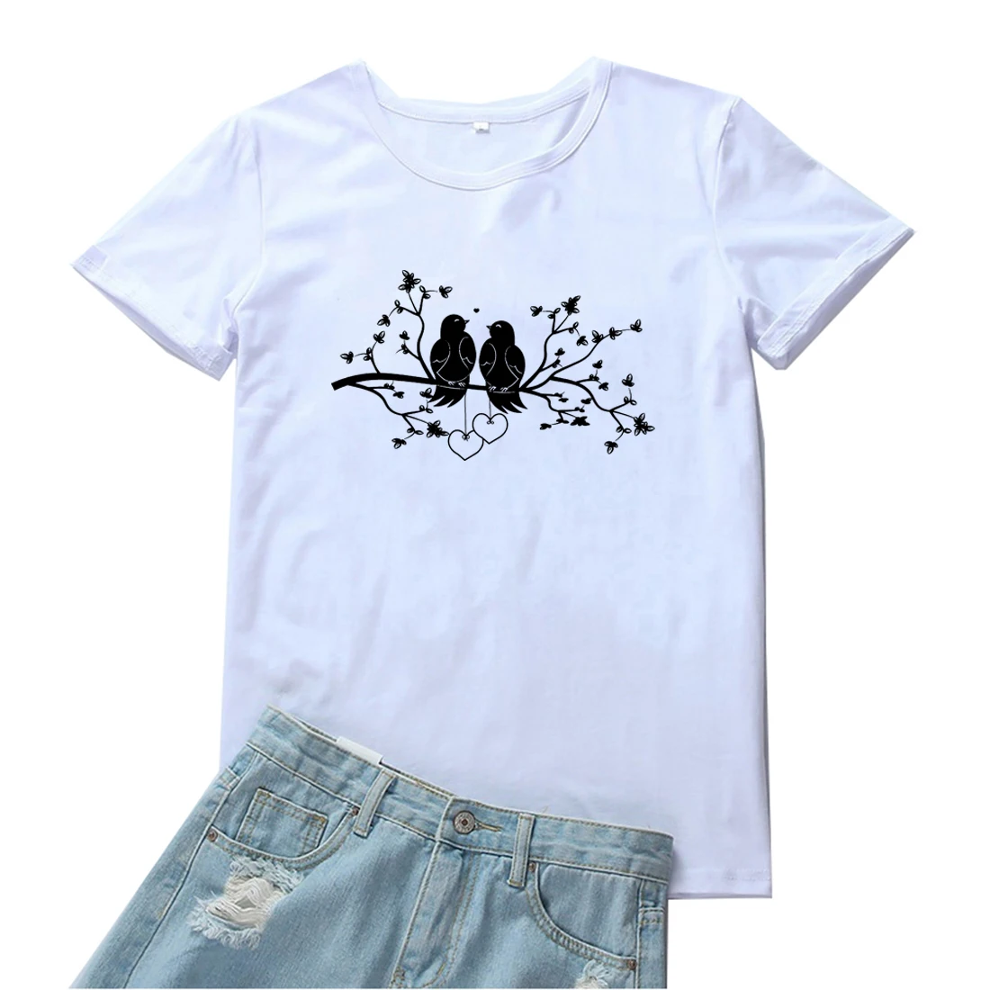 

Женская футболка птички на ветке, женская модная простая футболка с милым рисунком животных, свободная женская футболка с графическим рису...