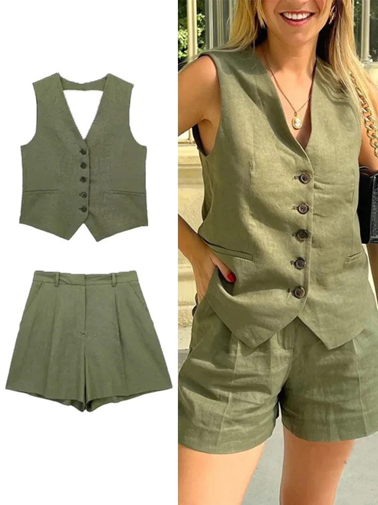 

TRAF Women Solid Vest Blazer Sets 2022 Summer V-neck Single Breasted Jacket A-Line Zipper Short Trouser Causal Basic Suits