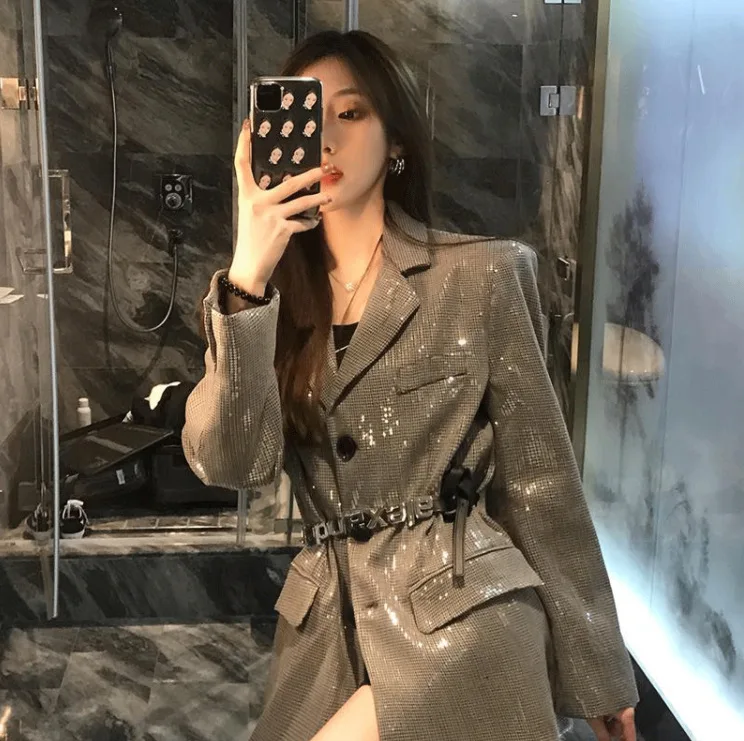 2022 New Design Sequin Suit Coat Women's Runway Party Elegant Luxury Loose Thousand Bird Grid Jacket Blazers High Quality |