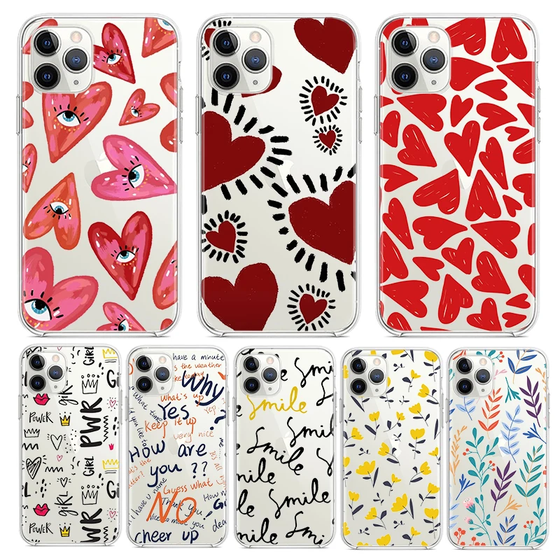 

Stylish Text Floral Art For Apple iPhone 7 8 X XR XS 11 12 13 Pro Max Mini Plus luxury Transparent Non-slip TPU Soft Phone Case