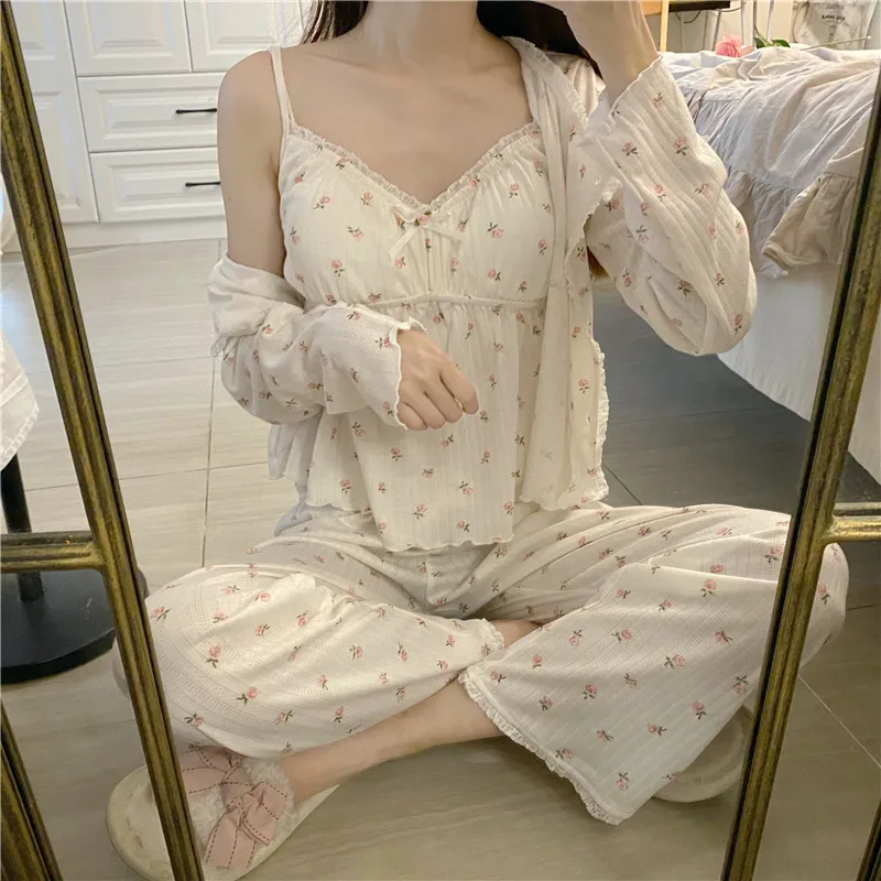 Pajama Three Piece Set Print Camisole Cardigan with Chest Pad Trousers Homewear Women's Spring Summer Mori Girl Style