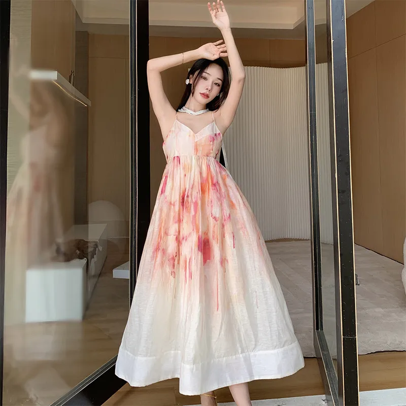 

Summer Women Long Beach Chiffon Dress Sexy Backless V Neck A-Line Temperament Ladies Clothes Spaghetti Strap Print Dresses D727