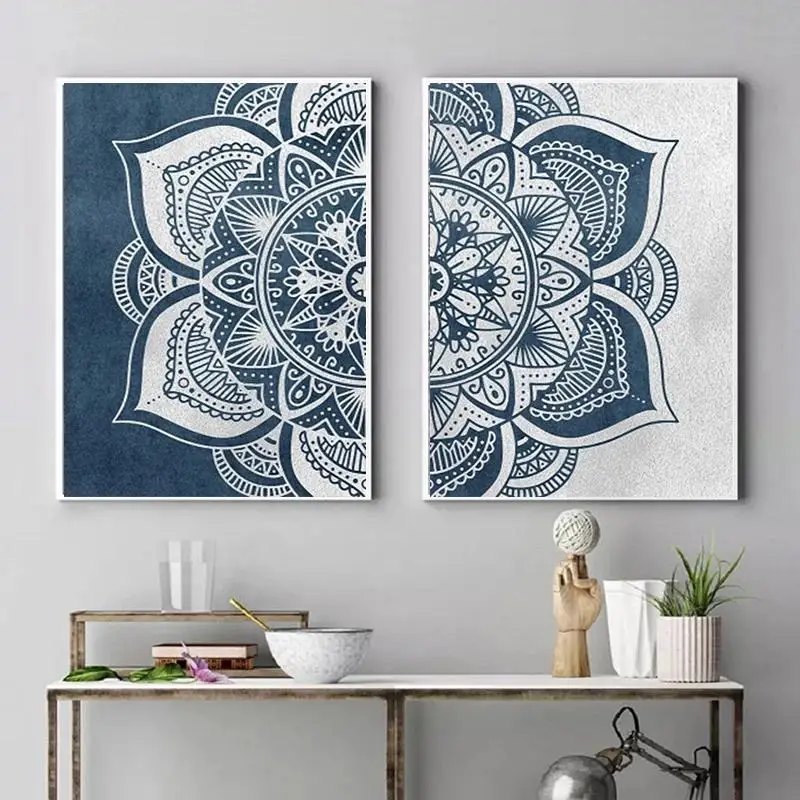 

Gradient Blue Grey Mandala Pattern Print Canvas Painting Wall Art Modern Abstract Poster Living Room Bedroom Mural Home Decor