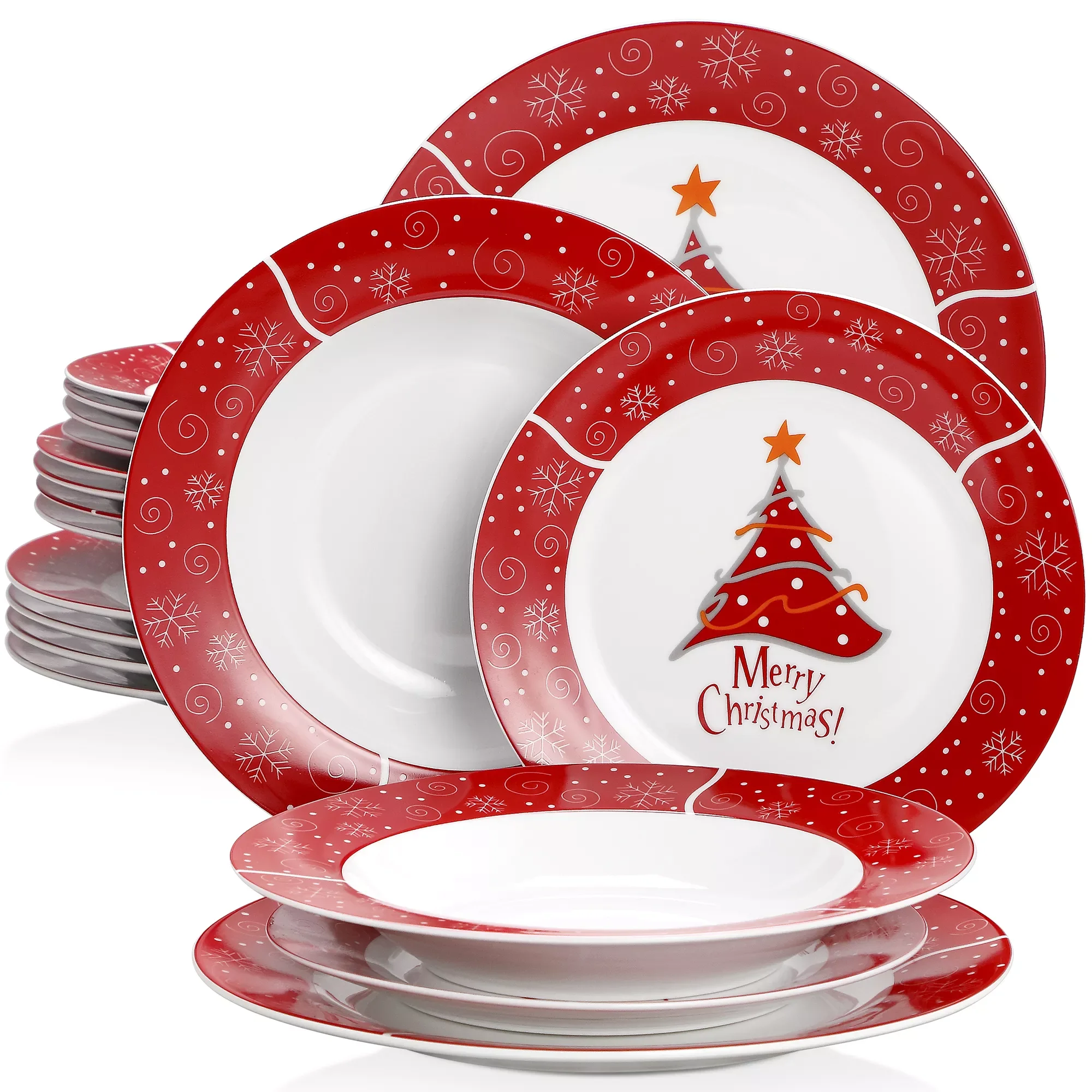 

Набор фарфоровой посуды в рождественском стиле из 18 предметов с 6 тарелками для десертов, тарелками для супа и подарочными тарелками