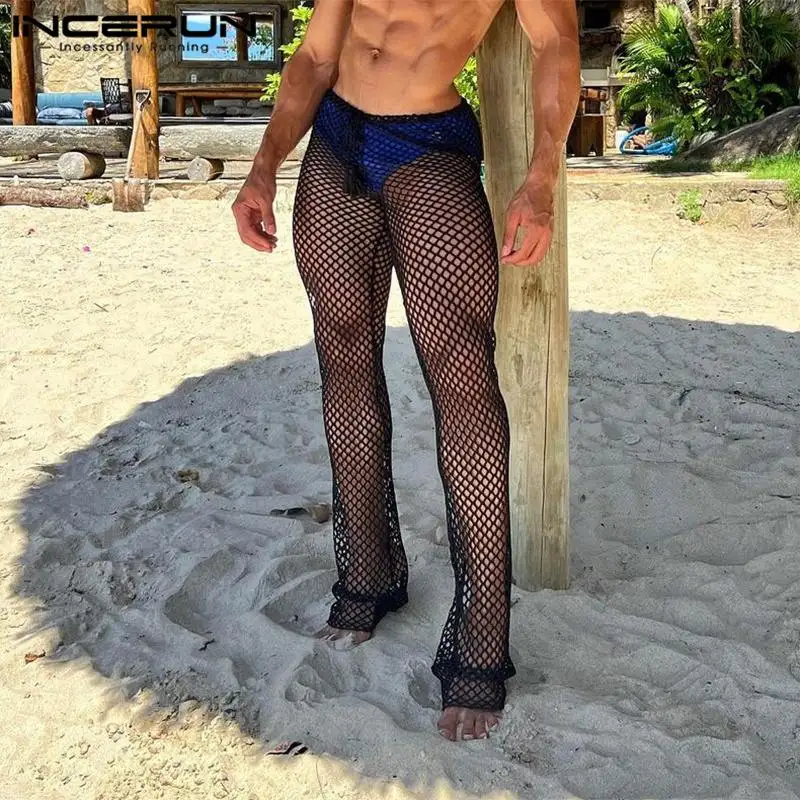 

INCERUN Men Mesh Pants Hollow Out Drawstring Transparent Sexy Trousers Men Streetwear 2023 Party Vacation Fashion Pantalon S-5XL