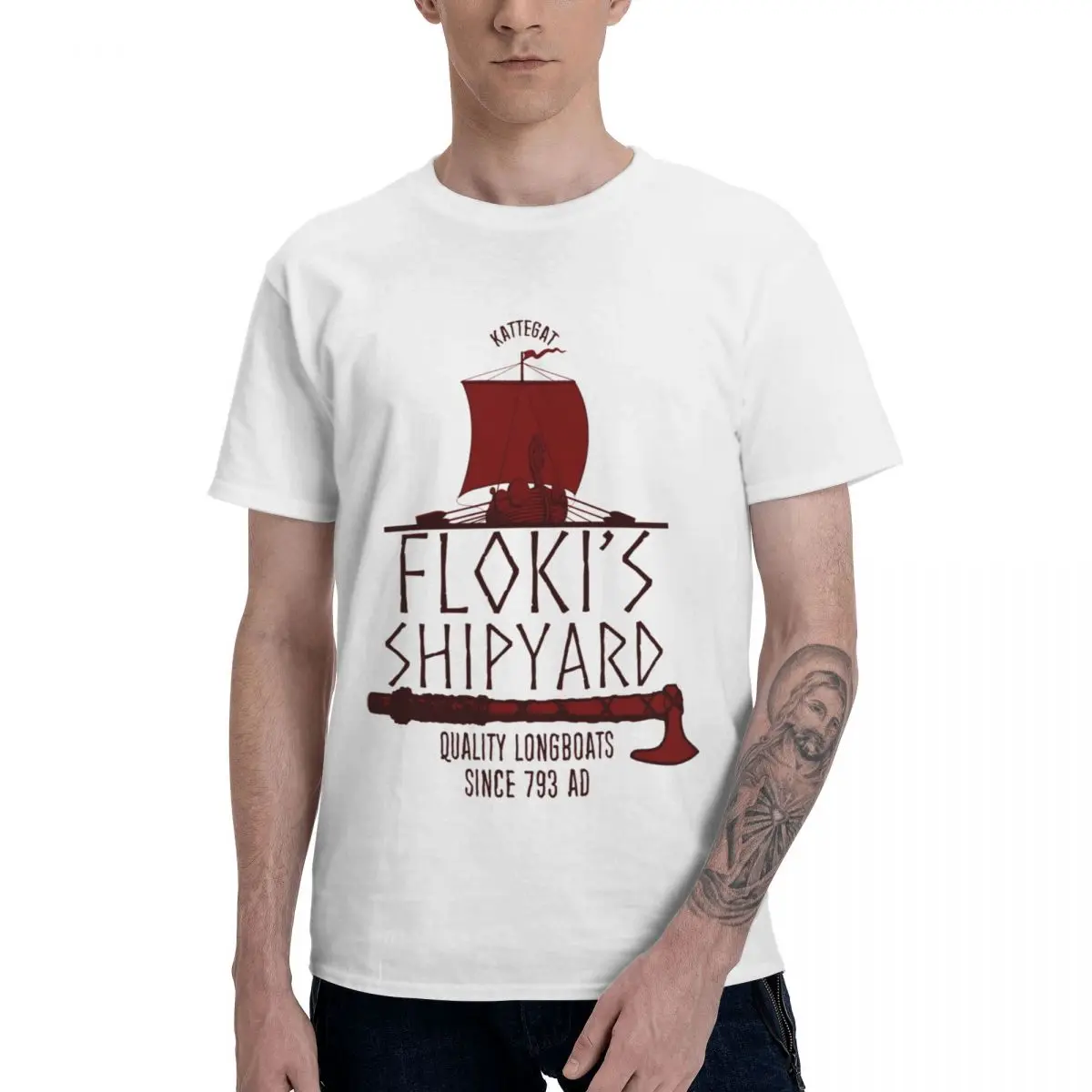Фото Модные футболки Floki's Shipyard из чистого хлопка с круглым вырезом, мужские футболки с короткими рукавами, классические футболки с капюшоном, летние европейские размеры №1