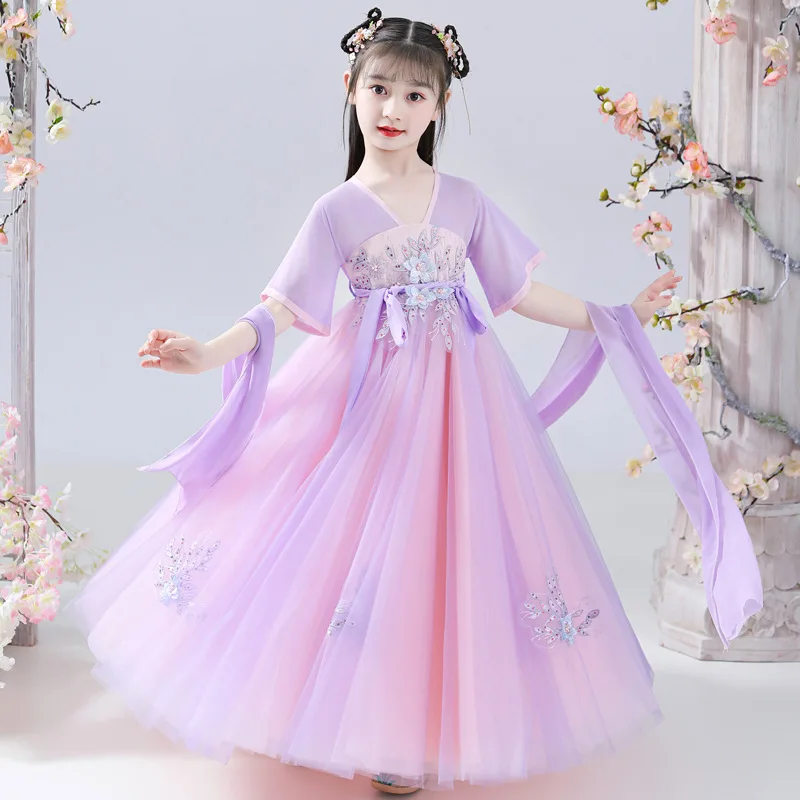 

Платья Hanfu для девочек на лето 2022, костюм Тан, детский старинный костюм с V-образным вырезом, коротким рукавом и вышивкой, детская одежда в сти...