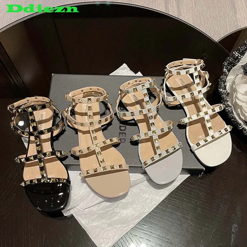 

Fashion Rivet Shoes Women Sandals Round Toe 2023 New Blue Female Casual Outside Gladiator Sandals Woman Summer 2022 Ladies Flats