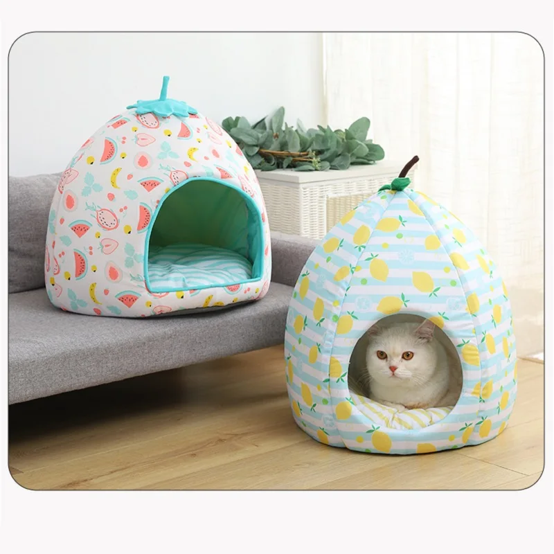 

Pet Soft Tent Cave Bed for Cats and Small Dogs, Foldable Cat Bed Hut Tent House with Removable Cushion, Strawberry & Lemon Shape
