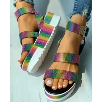 women fashion casual summer shoes going out pu rhinestone colorblock buckled platform flat sandals