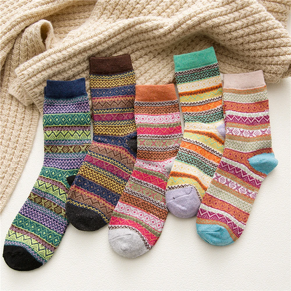 

5 Pairs Winter Thicken Wool Socks Women Girls Ethnic Multi Color Striped Soft Warm Casual Sports Socks Clothing Accessories