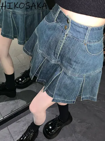 Fairycore Y2k Aesthetic A-line Patchwork Pleated Skirt High Waist Slim Vintage Denim Skirts Harajuku Streetwear Fashion Faldas
