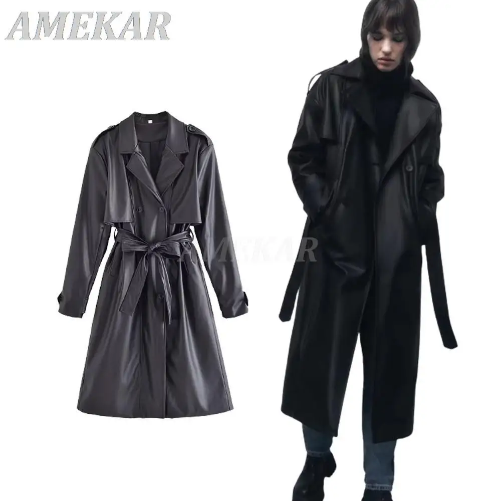 Women's Fall New Casual Faux Leather Trench Coat Vintage Fashion Chic Belted Lapel lengthen Overcoat Slim Solid Color Jacket