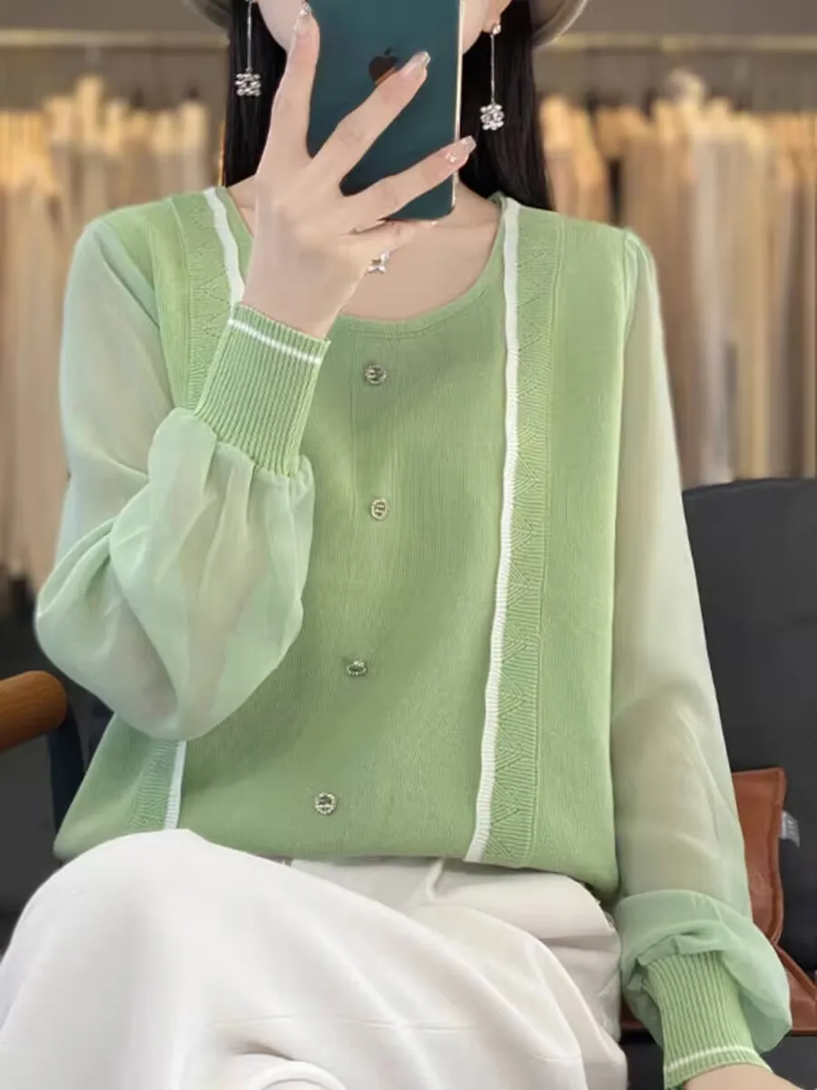 Женский шифоновый пуловер Свободный с круглым вырезом и рукавами-фонариками на