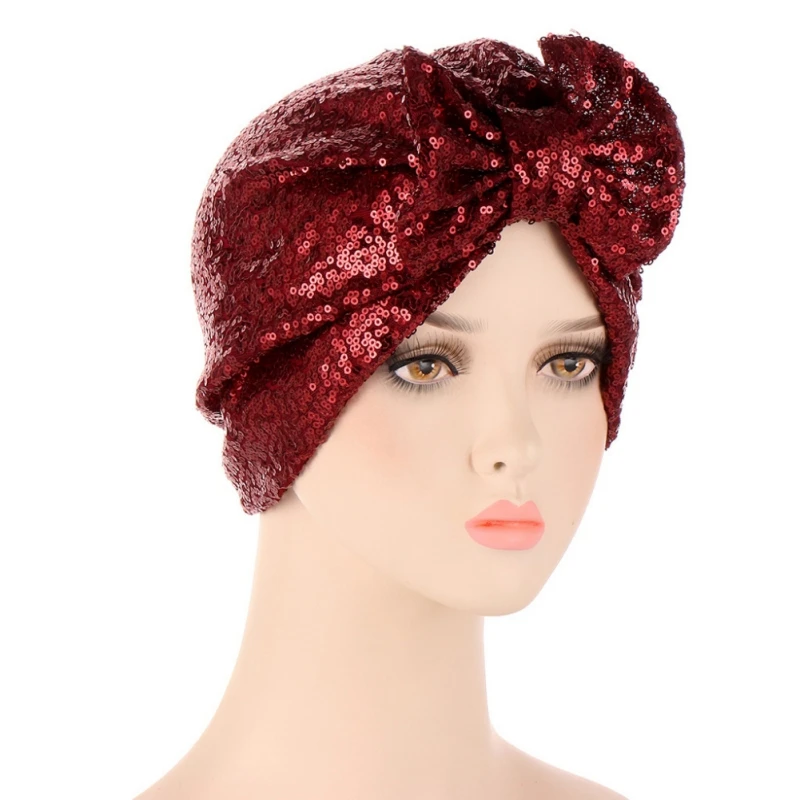 

Muslim Hijabs Cap For Women Trendy Solid Color Adult Bow Sequins Headscarf Ethnic Headwear