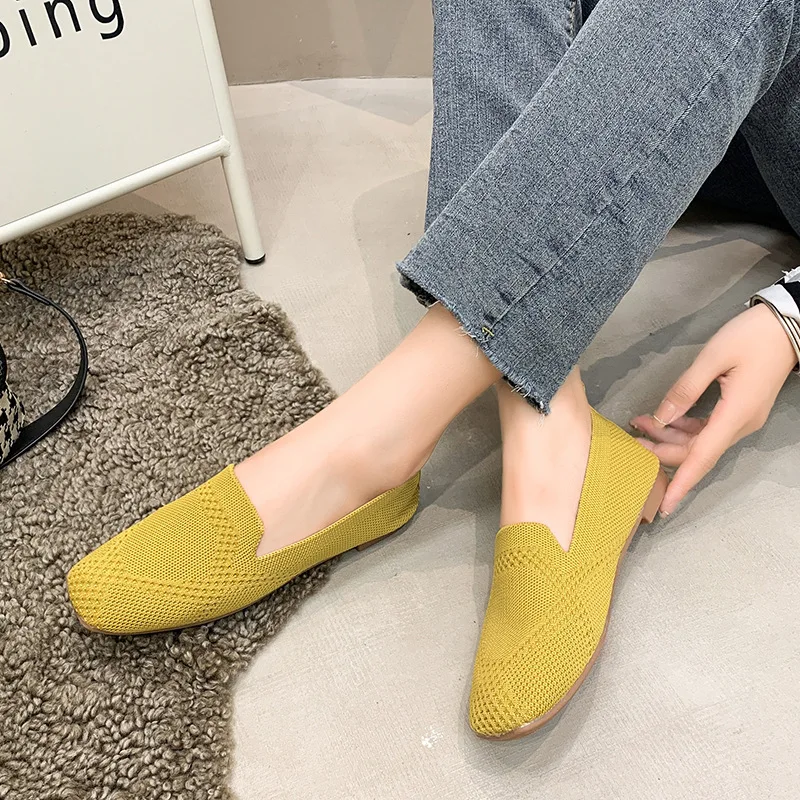 Fashion Woven Single Shoe Woman Spring 2023 Tennis Shoes Flat Bottom Square Toe Casual Loafers Knitting Soft Sole Casual Shoes
