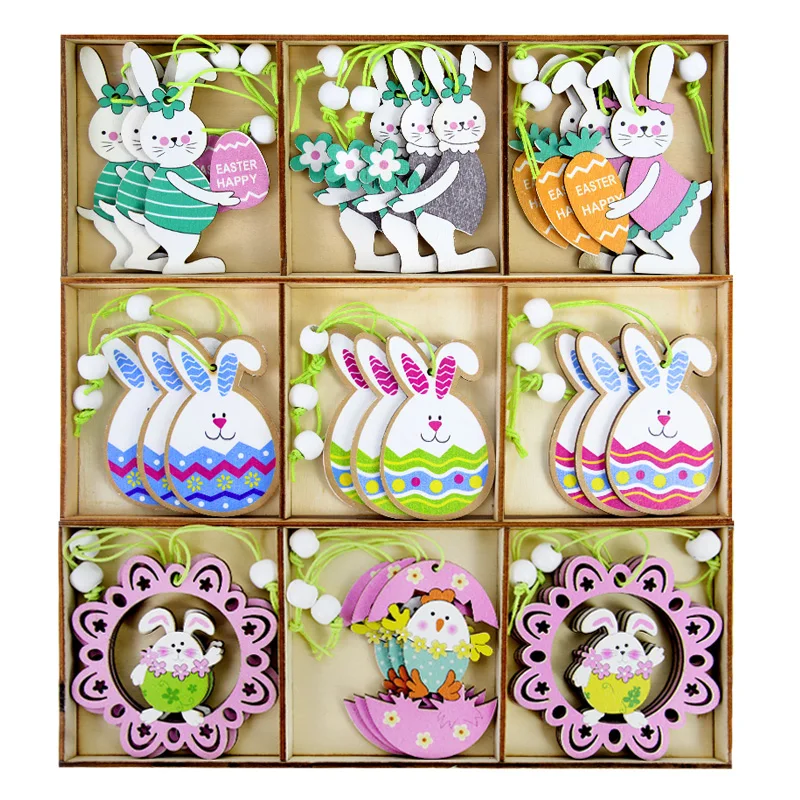 

9pcs Easter Wooden Bunny Pendants Easter Ornaments Cute Painting Rabbit Chick Wood Crafts For Spring Easter Hanging Decor Gifts