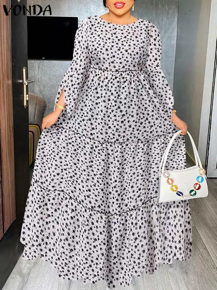

VONDA Bohemian Long Flare Sleeve Pleated Long Street Robe Stylish Women Summer Floral Printed Sundress Ruffled Party Maxi Dress