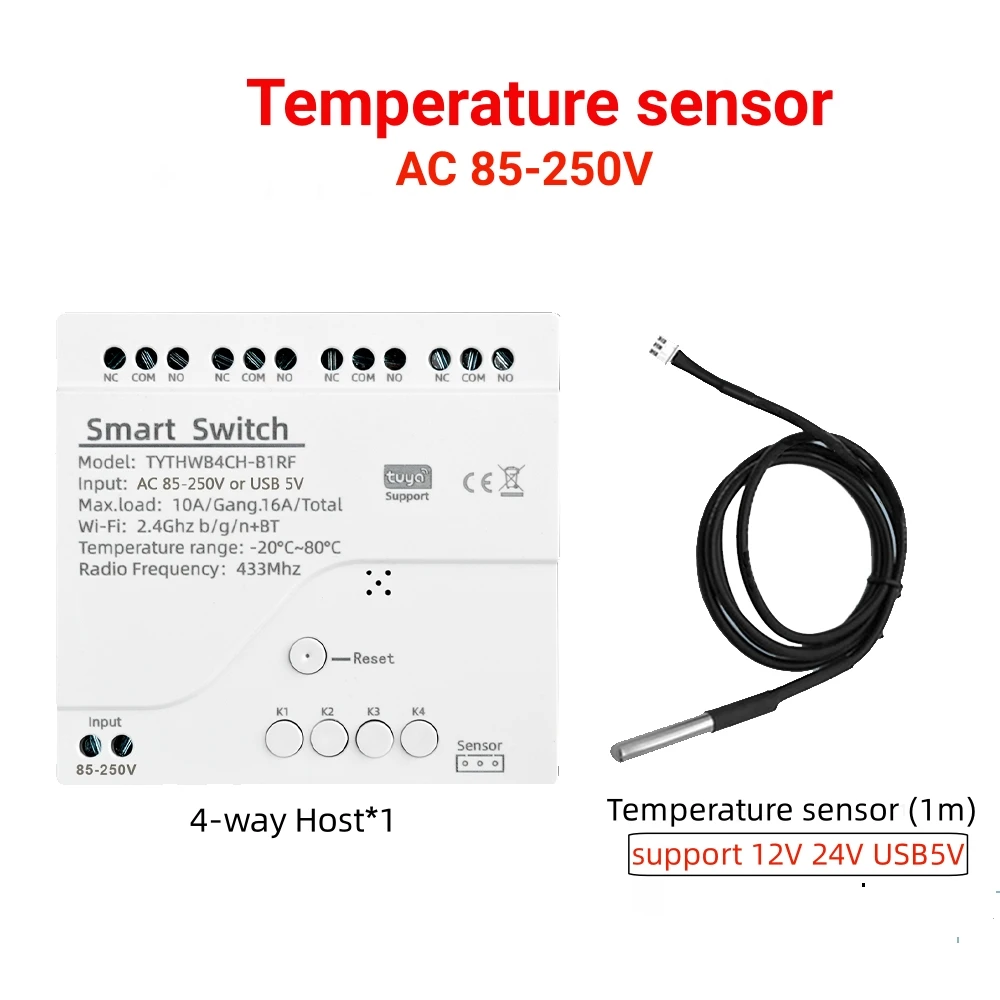 Tuya Smart WiFi 4-канальное реле постоянного тока 7-32 В/переменного тока 85-250 В 10 А с датчиком температуры и влажности пассивный сухой контактный переключатель для дома