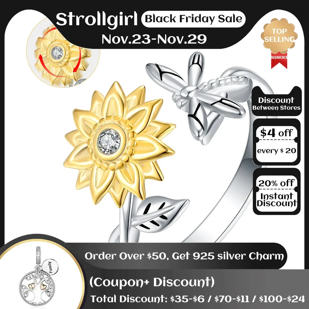 

925 Sterling Silver Adjustable Fidget Anxiety Spinner Sunflower Dragonfly Rings You Are My Sunshine Jewelry Gifts for Women Girl