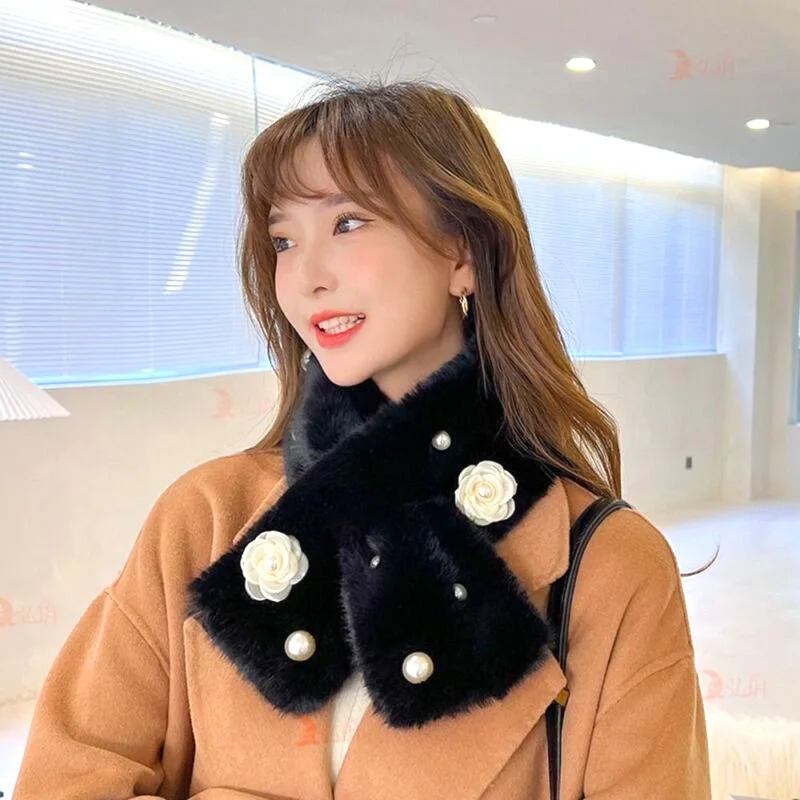 

Korean Style Women Cross Plush Pearl Flower Scarf Outdoor Thicken Warm Comfortable Neck Protection Fashion Soft Skin-friendly