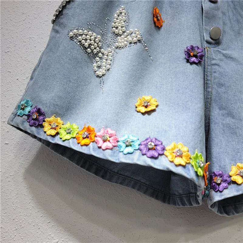2023 Summer New Heavy Industry Butterfly Flower Drawstring High Waist Slimming Wide-Leg Denim Shorts Women