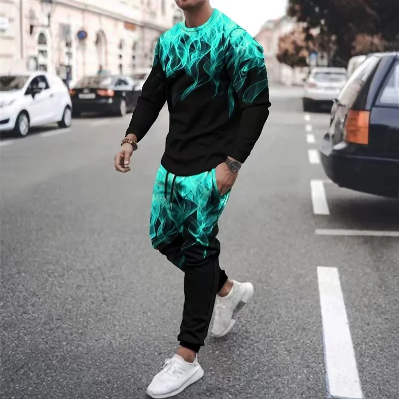 New Spring Men's T Shirt Set Long Sleeve Sports Flame Printing Tracksuit Fashion Casual Streetwear Oversized Sportswear Suit