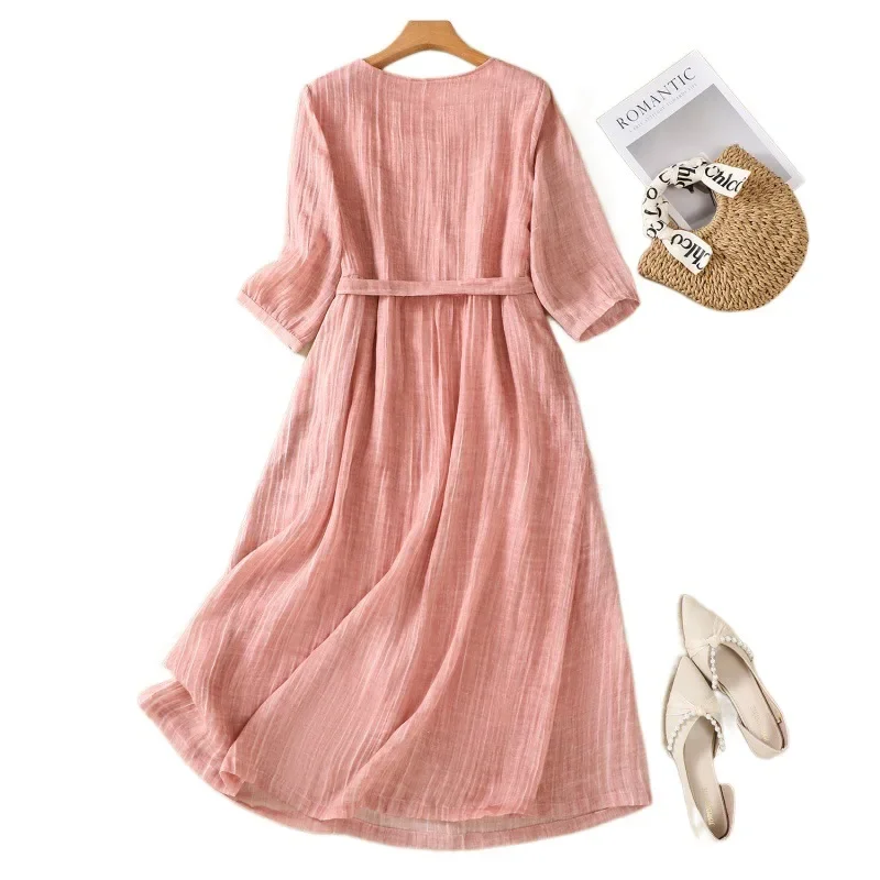 2024 хлопково-льняное художественное платье свободного покроя с круглым вырезом