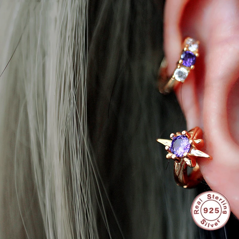 

S925 Silver Delicate Purple Zircon Boho Hoop Simple Versatile Earrings Ladies Fashion Jewelry Trend Ins Same Earring Gift