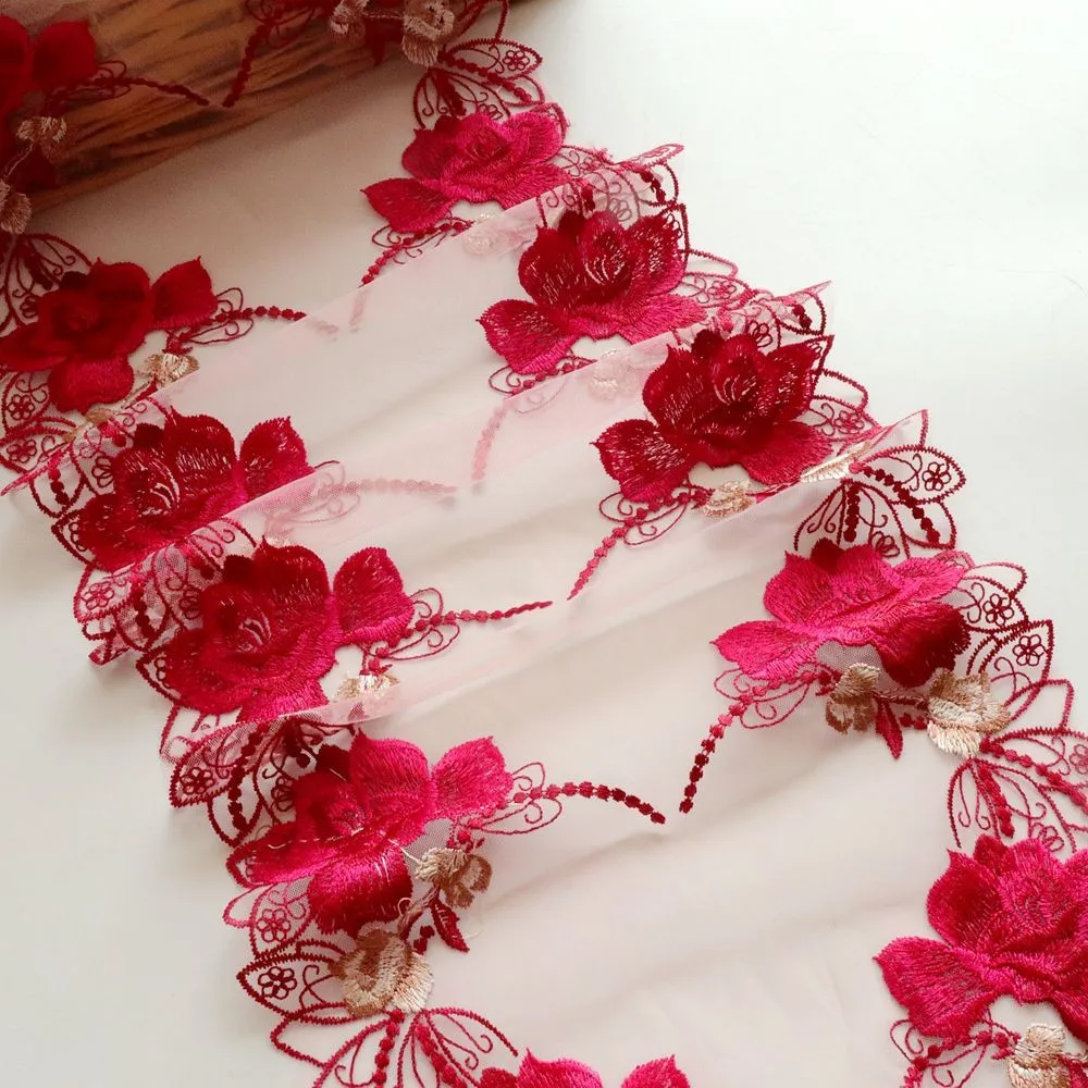 

42Meters 30Cm Wide White Gauze Fluorescent Red Pattern Embroidery Trim With Design For Wedding Underwear Bra Dress Skirt Scarf