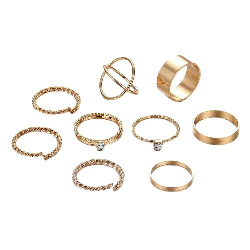 

9Pcs Vintage Metal Knuckle Ring Set Ladies Punk Cross Twist Ring Bohemian Fashion Jewelry Gift(Gold)