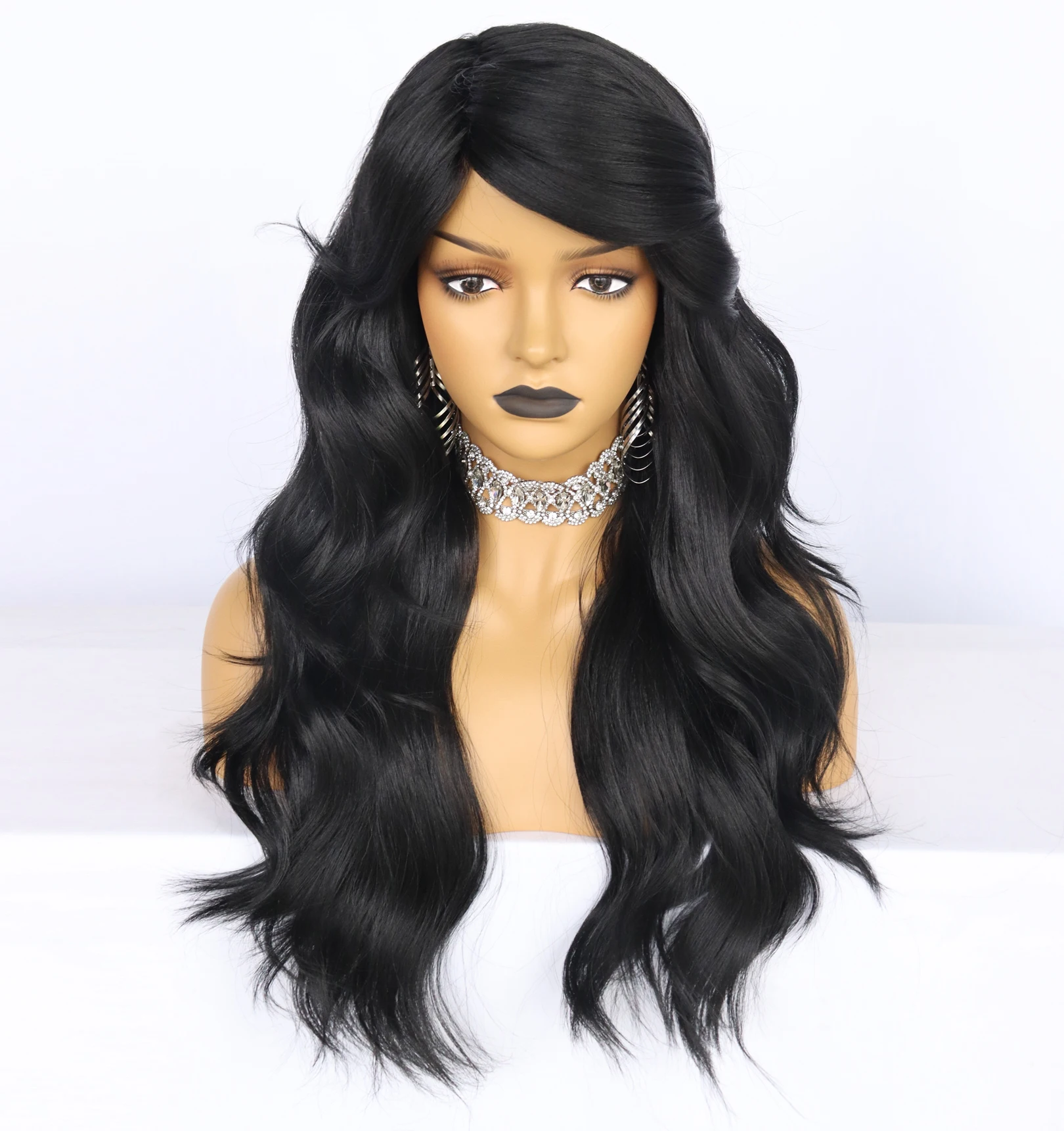 JONETING 24inch Highlight Black Blonde Synthetic Wig with Bangs Multi-color Heat Resistant Fiber Wavy Hair Cosplay Wig Halloween