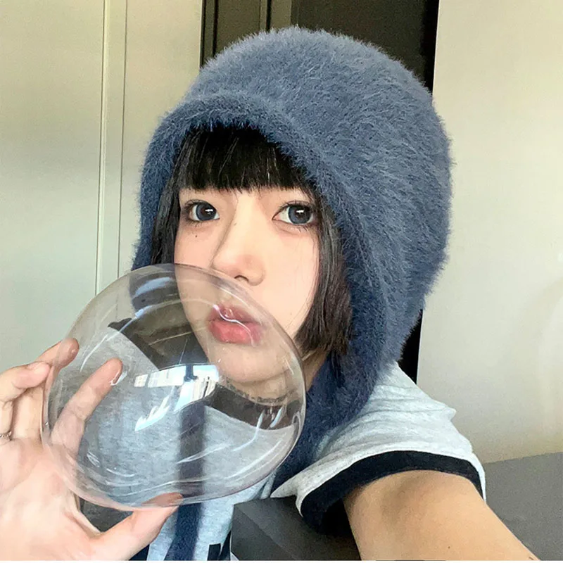 

Women Hat Faux Fur Knitted Pile Caps Fleece Autumn Winter Warm Ear Protection Soft Girl Cute Beanie Windproof Pullover Hair Hat
