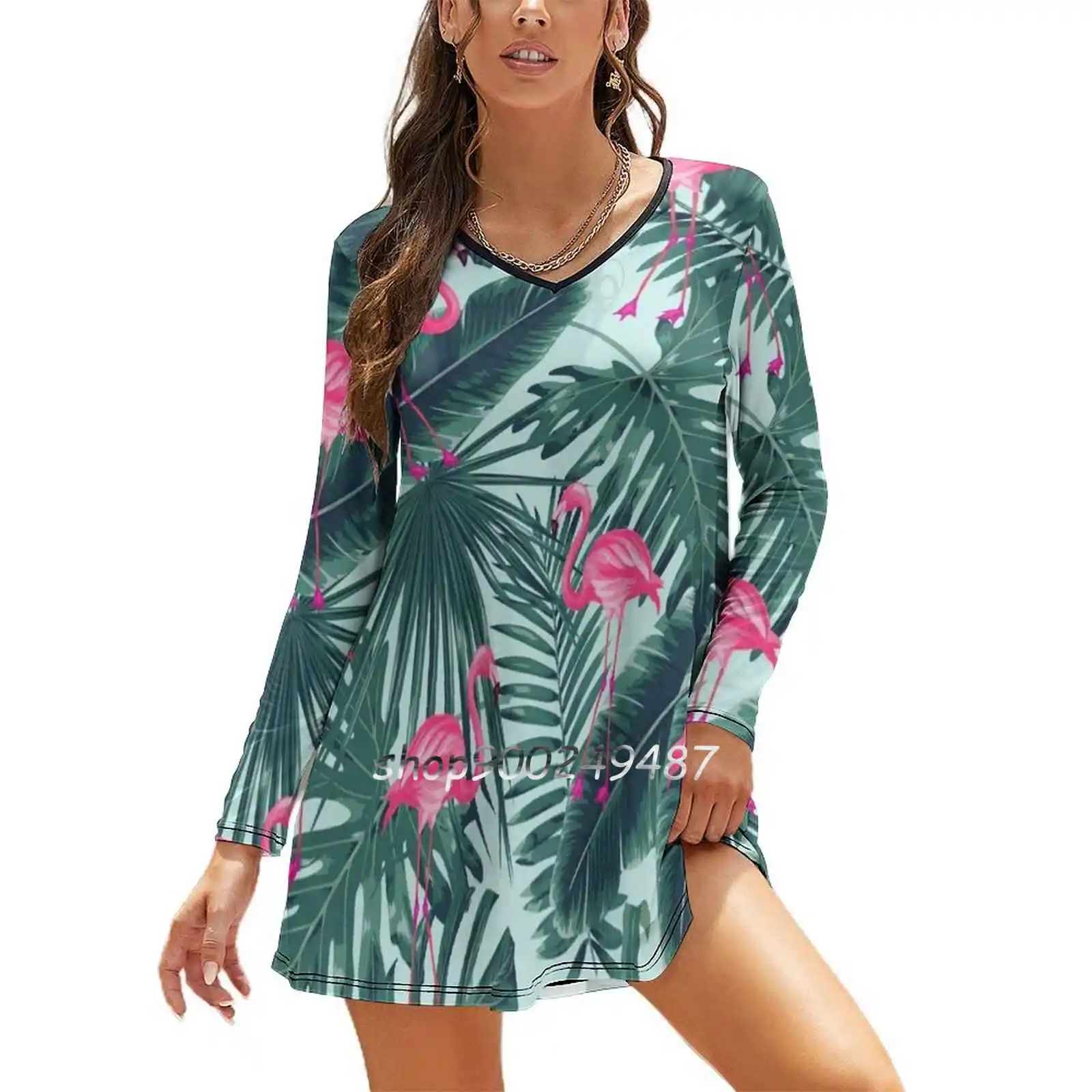 

Tropic Abstract Flamingo Elegant Party Women Dress Slim V Neck Long Sleeve Dress Casual Dresses Summer Cool Fun Flamingo Sky