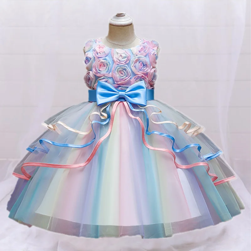 

Girls Flower Lace Tulle Dress for Kids Rainbow Colorful Elegant Sleeveless Formal Wedding Birthday Party Children Princess Dress