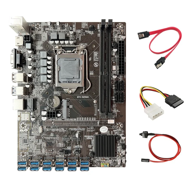 B250C BTC Miner Motherboard+4PIN IDE To SATA Cable+Switch Cable+SATA Cable 12 USB3.0 GPU Slot LGA1151 For ETH Mining