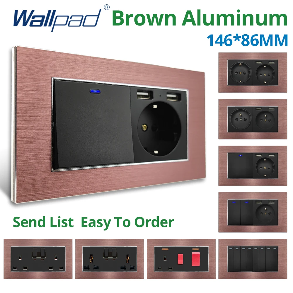 

Wallpad Brown Aluminum Panel 5 6 7 8 Gang 2 Way Reset Wall Light Switch With LED Dimmer USB EU Socket 146*86mm 110 220V