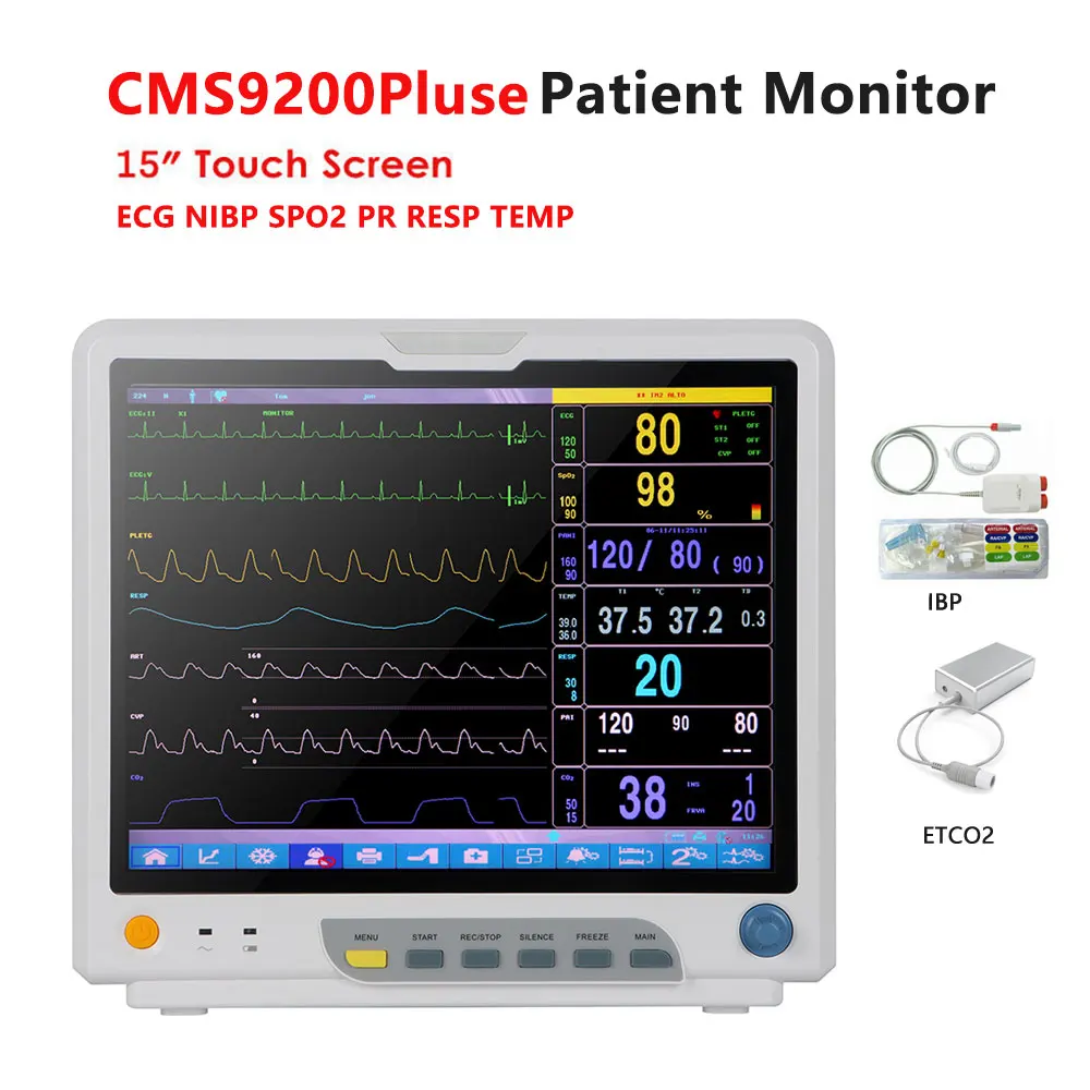 

CMS9200PLUS 15" Touch Screen Patient Monitor with ETCO2 IBP Multi-Parameters ECG NIBP SPO2 PR RESP TEMP ICU Vital Signs Monitor