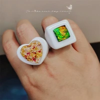 vintage creative gold foil dried flowers shell resin ring fashion korean acrylic square heart finger rings women travel jewelry
