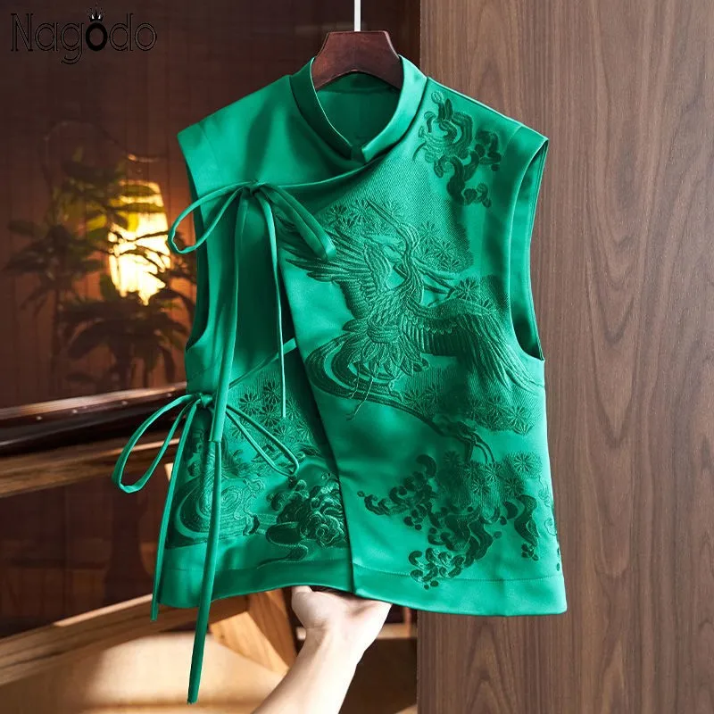 

Nagodo Chinese Vest Tops 2022 Spring Summer New Retro Embroidery Stork Lace Clip Chinese Traditional Shirt Hanfu Women Blouse