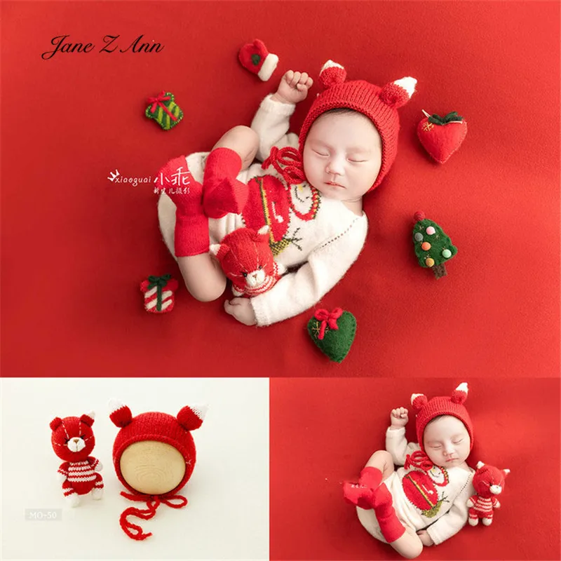 

New wool multi-colors cute Christmas theme baby newborn infant photo handmade knitted bear bonnet with doll