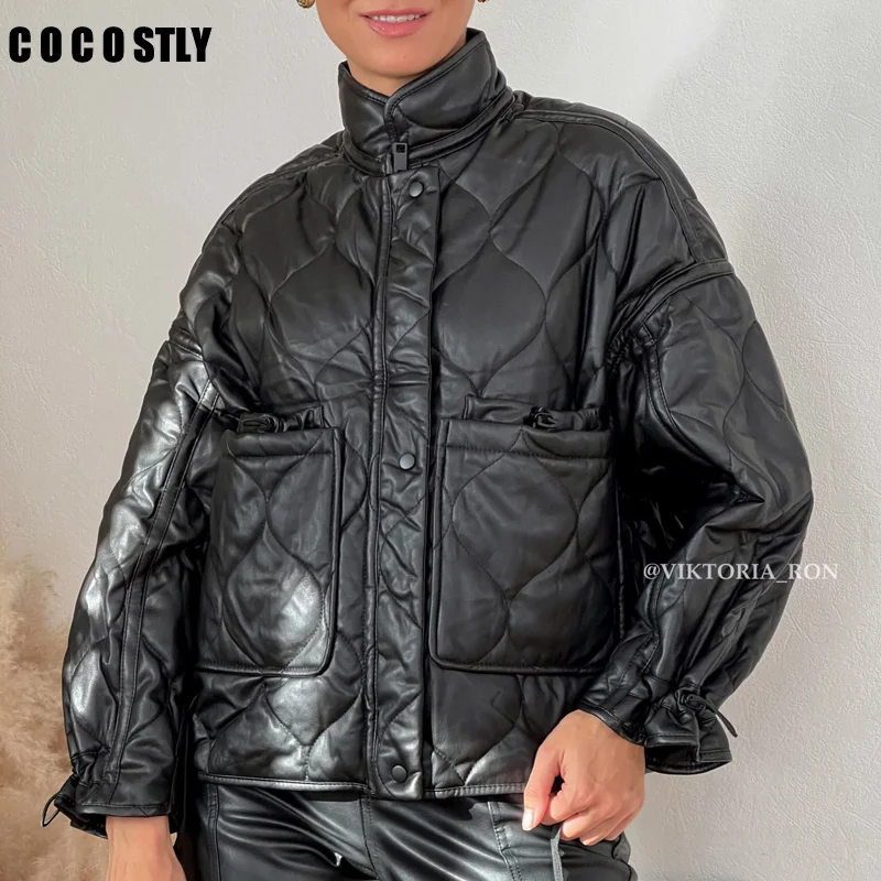 

new winter jacket women parkas stand collar loose drawstring leather parka coat cotton jacket short cotton leather jacket trf