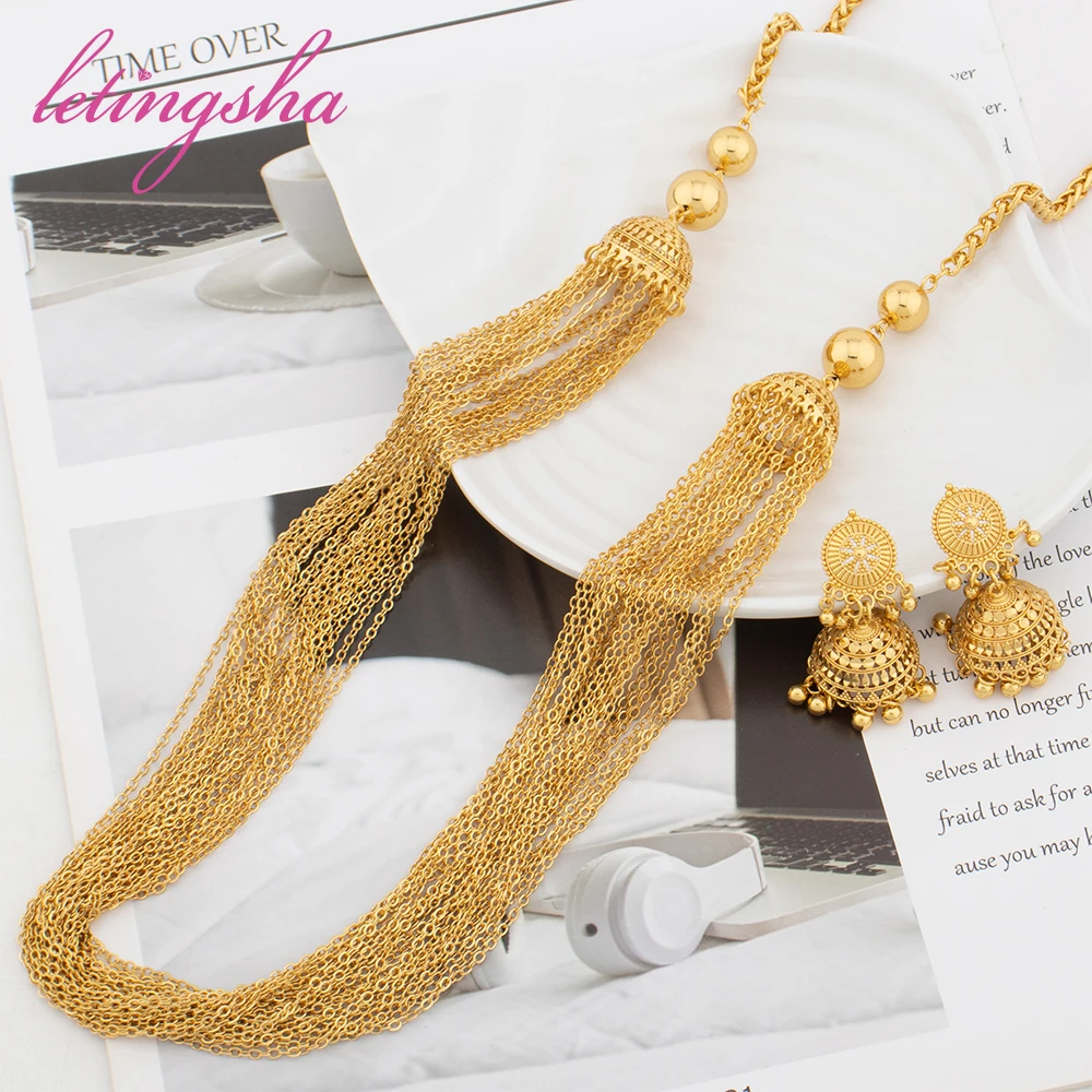 

Brazilian Long Tassel Necklace Earrings Sets For Women African Trend Jewellery Dubai Luxury Gold Color Jewelry Party Gift